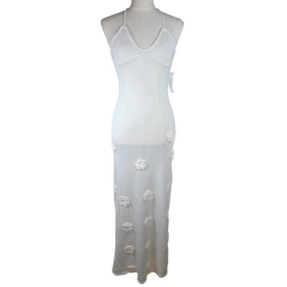 Bardot 4 (S) White Sheer Knit Floral Halter Dress w/Tie Back